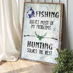 Design your home in a way that makes you want to appreciate your passion for fishing and hunting. Make your memories count with this Fishing And Hunting Sign. This canvas print will serve as the perfect home decor to make your home more personalized! The size of our Fishing And Hunting Sign can be customized to fit your interior space. To ensure that it will blend in effectively with your home setting, the Fishing And Hunting Sign designs are printed on a premium canvas using UV-resistant ink. Browse our Fishing And Hunting Sign canvas print and go get that fishing and hunting inspiration! 100% made in the US using 1.5” thick premium canvas - So you can dazzle your guests - Every time. UV-resistant ink is used to print the designs to make them last for decades - so your compliments will ne Hunting Office Decor, Hunting Bedroom Ideas, Fishing Room Decor, Hunting Bedroom, Fishing Bedroom, Hunting Home Decor, Deer Hunting Decor, Hunting Nursery, Hunting Office