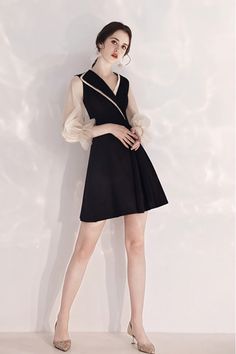 Flare Black Party Dress Short With Special V-neck Collar - $59 #HTX97081 - SheProm.com Elegant Summer V-neck Dress For Night Out, Fitted V-neck Evening Dress For Prom, Elegant V-neck Evening Dress For Prom, Elegant V-neck Dress With Surplice Neckline For Party, Chic V-neck Mini Dress For Evening, Elegant V-neck Banquet Dress, Elegant Fitted V-neck Prom Dress, Glamorous V-neck Evening Dress For Date Night, Glamorous V-neck Mini Dress For Banquet