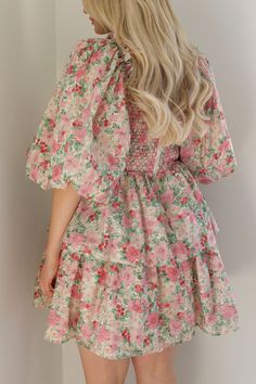 pink floral ruffle tiered mini dress with puff sleeves and smocked chest Baby Doll Dress For Women, Pink Fit And Flare Dress, Dresses With Cowboy Boots, Spring Outfits Dresses, Spring Dresses Casual, Outfit Ideas For Women, Tiered Mini Dress, Balloon Sleeve Dress, Baby Doll Dress