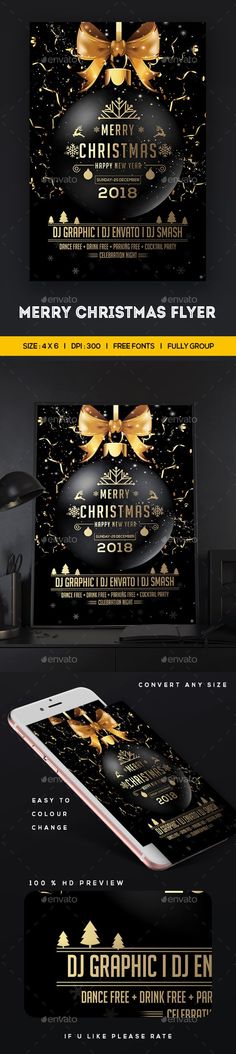 a black and gold christmas flyer template with an image of a cell phone on it