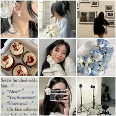 a collage of photos with flowers, cupcakes and other things in the background