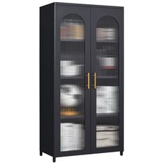 a tall black cabinet with glass doors and gold hardware on the bottom half, in front of a white background