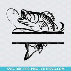 a large mouth bass fish on a fishing hook, with the word svg dxf