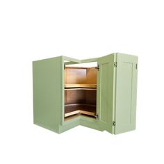 an open green cabinet on a white background