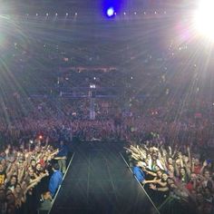 a crowd of people at a concert with their hands in the air and one person standing on a stage