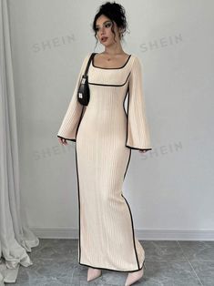 SHEIN Privé Women's Elegant Contrast Binding Square Neck Bell Sleeve Split Hem Dress, Apricot | SHEIN USA Women Maxi Dresses, Split Hem Dress, Modest Dress, Women Maxi, Abayas Fashion, Dress Silhouette, Dress With Cardigan, Hem Dress, Split Hem