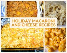 four different pictures with macaroni and cheese in them, including one on the side