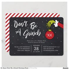 a black and red christmas party card with the grin on it's back, says don't be a grin