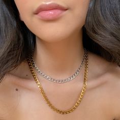 "✰ HYPOALLERGENIC ✰ To see more styles and receive a discount, check out https://ivoryandjade.com and use code ETSY for 10% off ✰ Follow us on Instagram! @IvoryandJadeCo I T E M ∙ S P E C I F I C A T I O N S Gold plated stainless steel chain or silver stainless steel chain Adjustable choker length: 14-17 inches (35-43 cm) Adjustable necklace length: 17-20 inches (43-50 cm) ✰ Optional add-on 3\" extension chain available https://etsy.me/2Nku7kV C A R E ∙ I N S T R U C T I O N S To ensure long-las Gold Cuban Link Necklace With Silver Chain, Trendy Cuban Link Necklace With Silver Chain, Trendy Cuban Link Silver Chain Necklace, Trendy Curb Chain Necklace For Gift, Silver Cuban Chain, Gold Curb Chain, Chain Necklace Silver, Chunky Chain Necklace, Chunky Chain Necklaces