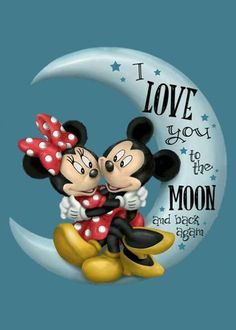 mickey and minnie kissing on the moon with love you to the moon in the background