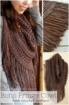 a woman wearing a brown fringe cowl with the text, free crochet pattern