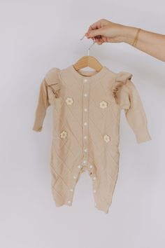 Cute Beige Bubble Romper For Spring, Beige Cotton Onesie For Spring, Spring Beige Bubble Romper With Ruffles, Cute Cream Onesie For Spring, Spring Fitted Bubble Romper For Playdate, Fitted Bubble Romper For Spring Playdate, Spring Onesie With Ruffles, Fitted Bubble Romper For Playdate In Spring, Spring Long Sleeve Ruffled Onesie