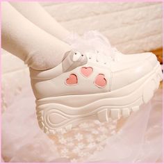 Harajuku Lolita Heart Lace Platform Shoes Sepatu Platform, Heart Platforms, Dr Shoes, Kawaii Shoes, Lace Heels, Princess Shoes, Kawaii Fashion Outfits, Cute Princess, Aesthetic Shoes