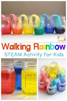 there are many different colors of paint in glass jars with the words walking rainbow on them