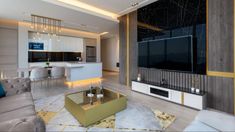 a living room filled with furniture and a flat screen tv mounted on the wall above a fireplace