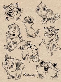 some cartoon animals that are drawn on paper