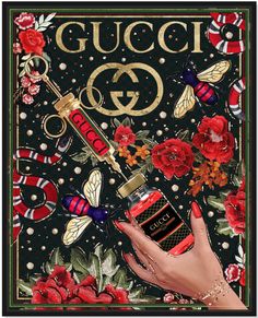 a woman's hand holding a bottle of red nail polish in front of a gucci poster