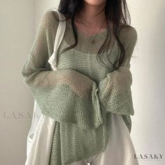 Lasaky - Gentle Loose-Fit Women's Blouse Shirts For Wide Shoulders, Batwing Sleeve Pattern, Light Green Sweater, Wide Shoulders, Cartoon Outfits, Loose Shirts, Loose Blouse, Green Sweater, Lantern Sleeves