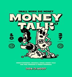 the poster for small work big money, featuring mickey mouse and minnie mouse with numbers on it