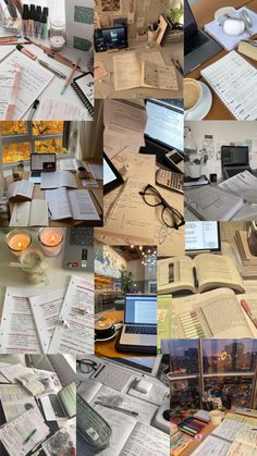 many different pictures of papers and laptops on a table with candles, pens, glasses, books