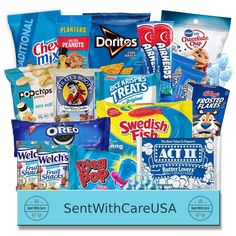 an assortment of snacks are displayed in a box with the words sentwithcareusa on it