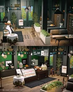 the interior of a house with many plants and furniture in it's display area