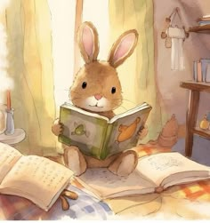 a rabbit is reading a book while sitting on a bed with an open book in front of him