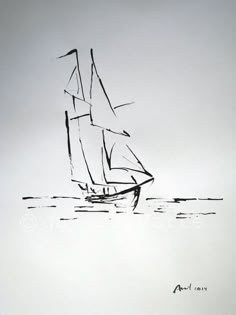 a black and white drawing of a sailboat in the ocean