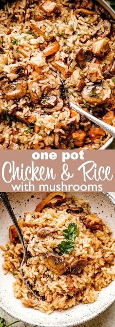 one pot chicken and rice with mushrooms is an easy dinner recipe that's ready in under 30 minutes