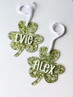 st patrick's day shamrock name tags with white string and green sequins