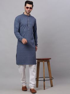 Men Grey Geometric Sequin Embroidered Kurta VitansEthnics Woven Design, Shirt Collar, Above Knee, Cotton Material, Sequin, Shirt Designs, Weaving, Collar, Beads