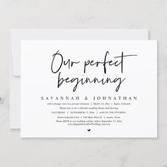 a wedding card with the words our perfect beginning written on it in cursive ink