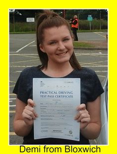 a woman holding up a certificate in front of her face and the caption reads, demi from bloxwich