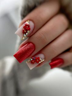 Red Rhinestone Christmas Nails, Christmas Charm Nails, Red Short Christmas Nails, Red Nails With Diamonds, December Nails Red, Navidad Nails, 3d Nail Art Designs, Nail Shimmer