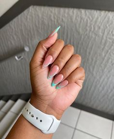 Half Polished Nails, Almond Green Nails, Blue Almond Nails, Almond Nails Short, Wow Nails, Girly Acrylic Nails, French Tip Acrylic Nails