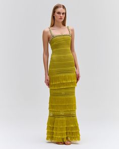 ALL SALE ITEMS ARE FINAL SALE. NO EXCHANGES OR RETURNS. The Woven Fringe Maxi Dress is part of the Spring 2024 Runway Collection. Due to the woven and hand-beaded details, this dress takes 55 hours to make. The dress is made from a woven trim fabric. It features hand-applied fringe trim details throughout and fully beaded straps. Back zip closure.Made in Brazil. 100% Polyester. VEL28094US. Green Fringe Dress, Red Fringe Dress, Fringe Dresses, Beaded Bridesmaid Dress, 2024 Runway, Goal Board, Nye Wedding, Brides Babes, Trim Fabric