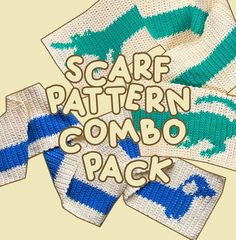 three knitted scarves with the words scarf pattern combo pack written in blue and white