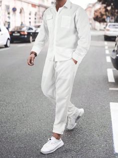 White Casual Collar   Plain  Embellished Non-Stretch  Men Clothing White Christmas Outfit Ideas Men, All White Winter Outfit Men, All White Party Men Outfit, White And Black Outfit Men, All White Outfit Men Casual, Shein Men Outfit, Men White Outfit