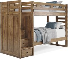 a wooden bunk bed with two drawers underneath it and a white blanket on the bottom