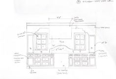 a drawing of a kitchen with cabinets and cupboards on the wall, along with other drawings