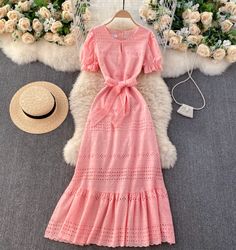 Elegant Streetwear, A Line Long Dress, Ruffles Dress, Summer Elegant, A Line Dresses, Vestidos Vintage, Pink Midi Dress, Dresses Summer, Teen Fashion Outfits