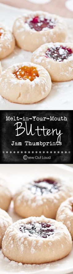 some cookies with jam on them sitting on a white plate in front of the words meltin'your mouth buttery jam tampering