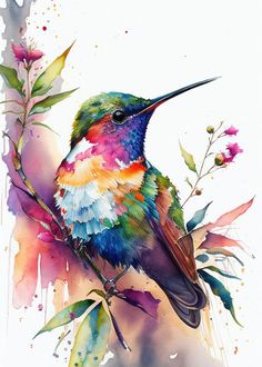 a watercolor painting of a hummingbird sitting on a branch