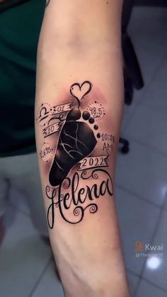 a person with a tattoo on their arm that says, felecia and has an image of a bell