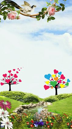 an image of flowers and trees with birds flying in the sky above them on a sunny day