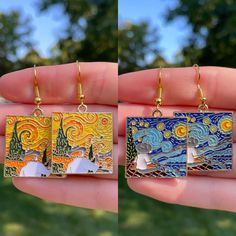 Pair of Paintings showing Van Gogh observing and painting the Starry Night Scene * Lightweight * Nickel Free and Hypoallergenic * Enamel on Metal * Super cute and trendy Artistic Enamel Earrings, Pair Of Paintings, Novelty Earrings, Quirky Earrings, Earrings Art, Art Earrings, Starry Night Van Gogh, Night Scene, Earrings Unique