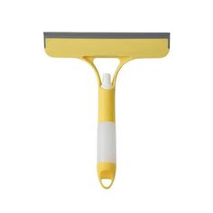 a yellow and white handle with a toothbrush on it's side, against a white background