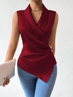 Jeans Top Ideas, Shirt Idea For Women, Armless Tops For Ladies, Shirt Tops For Women, Satin Top Designs For Women, Simple Top Designs For Women, Woman Blouse, Blouse For Women, Red Sleeveless Formal Tops