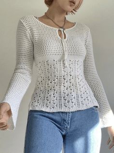 Tie Front White Open Knit Top - AnotherChill Lace Corset Top, Generation Z, Cutout Design, Gen Z, Open Knit, Vintage Knitting, Fall Sweaters, Tie Neck, Sleeve Sweater