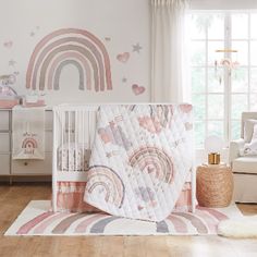 Our Over the Rainbow crib set comes from your pink nusery dreams! From fun wall decals to a dreamy crib mobile–it has it all! Boho Rainbow Rug, Rainbow Nursery Girl, Rainbow Nursery Theme, Rainbow Baby Room, Rainbow Crib Bedding, Rainbow Themed Nursery, Rainbow Baby Nursery, Twins Nursery